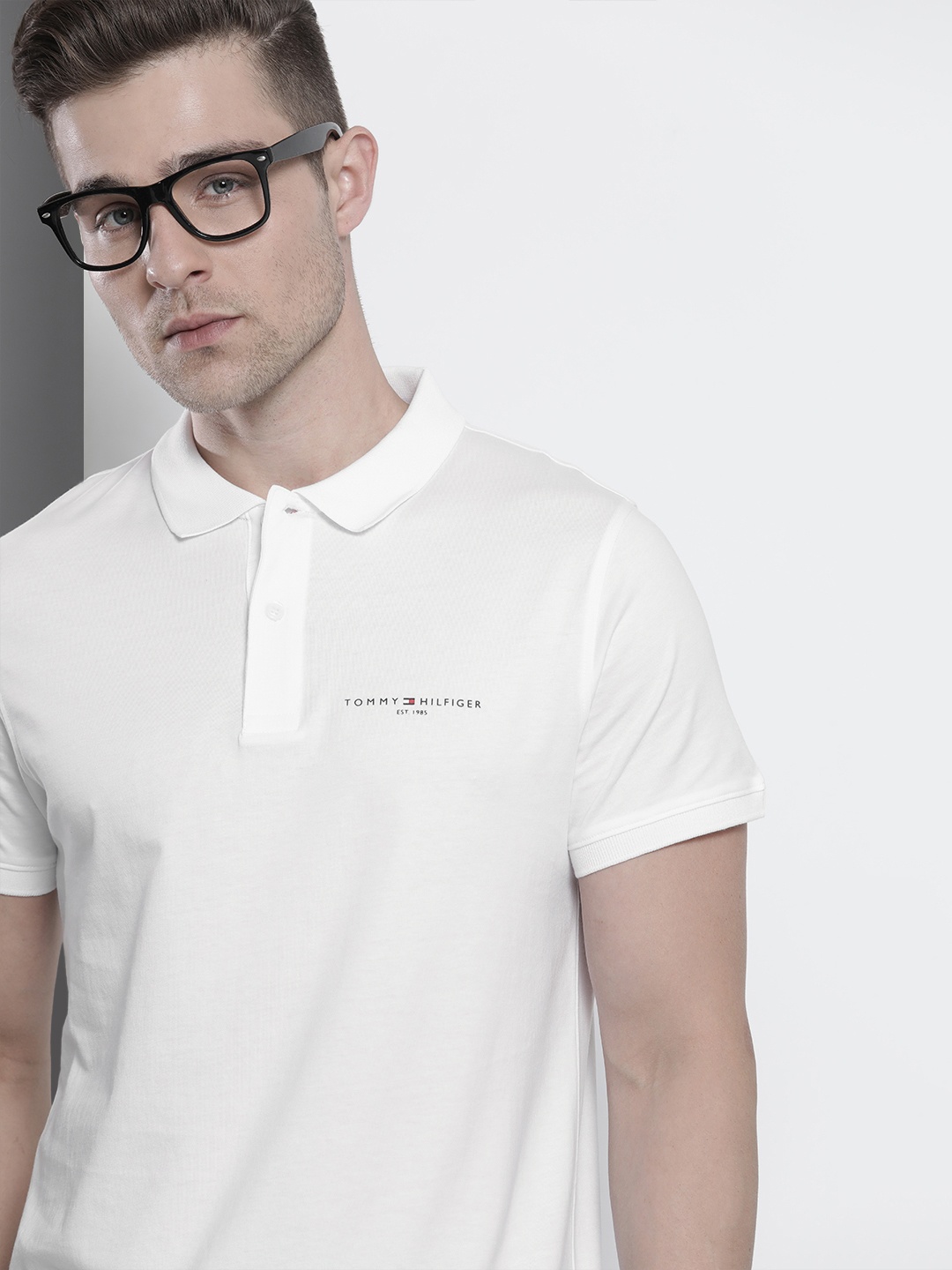 

Tommy Hilfiger Men White Brand Logo Printed Polo Collar Pure Cotton Slim Fit T-shirt