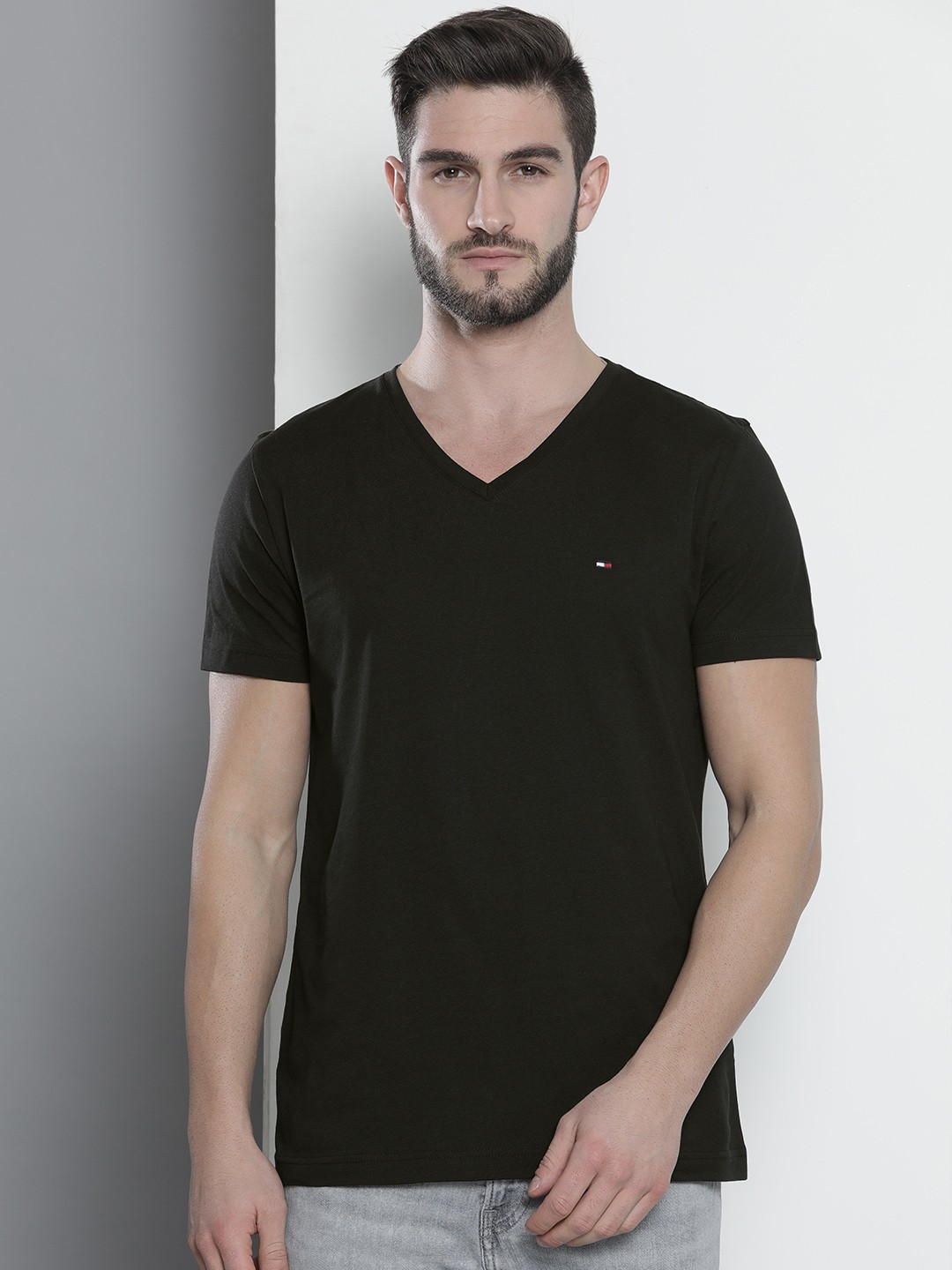 

Tommy Hilfiger Men Black Solid V-Neck Pure Cotton T-shirt