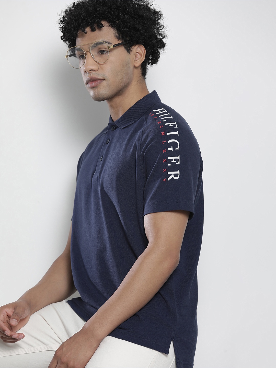 

Tommy Hilfiger Men Navy Blue Brand Logo Printed Polo Collar Pure Cotton T-shirt