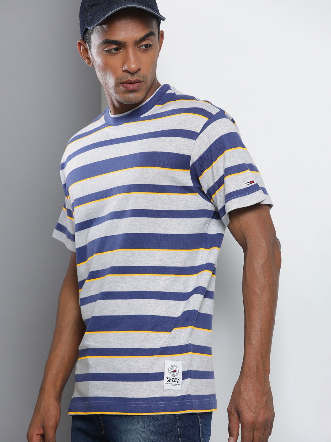 

Tommy Hilfiger Men Grey & Blue Striped Casual T-shirt