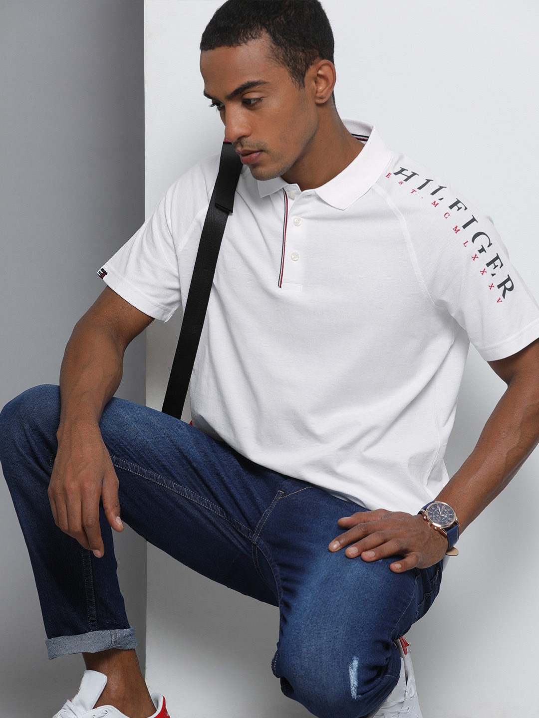 

Tommy Hilfiger Men White Typography Printed Polo Collar T-shirt