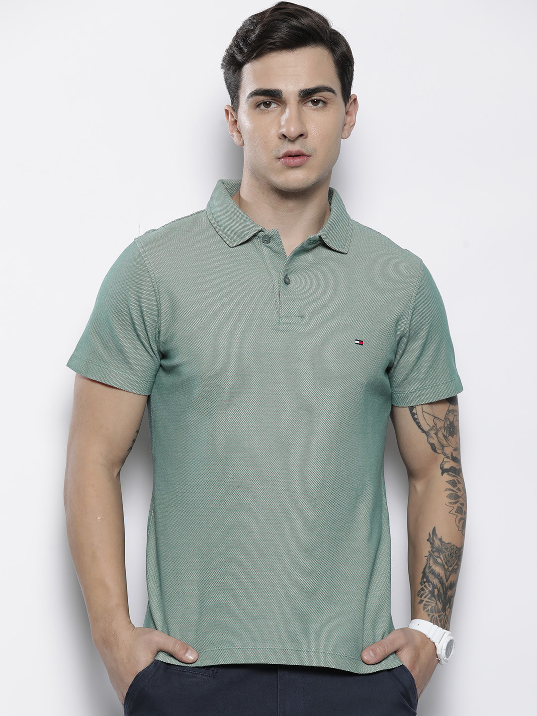 

Tommy Hilfiger Men Polo Collar Pure Cotton T-shirt, Green