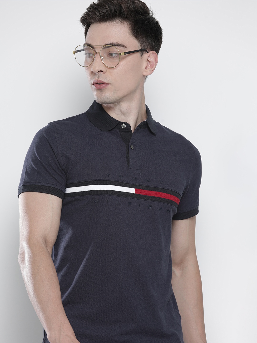 

Tommy Hilfiger Men Blue & White Striped Polo Collar Slim Fit T-shirt