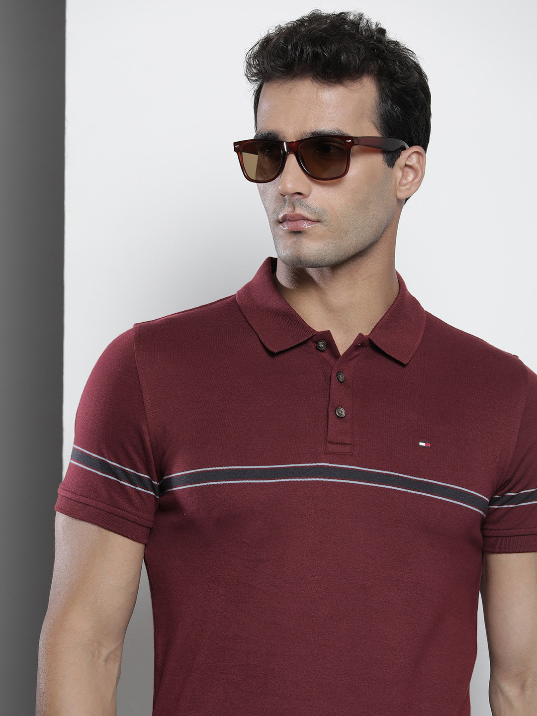 

Tommy Hilfiger Men Burgundy Striped Polo Collar Pure Cotton Slim Fit T-shirt