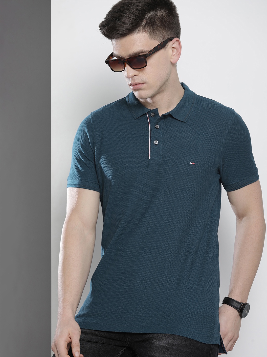 

Tommy Hilfiger Men Teal Blue Polo Collar Organic Cotton Slim Fit T-shirt