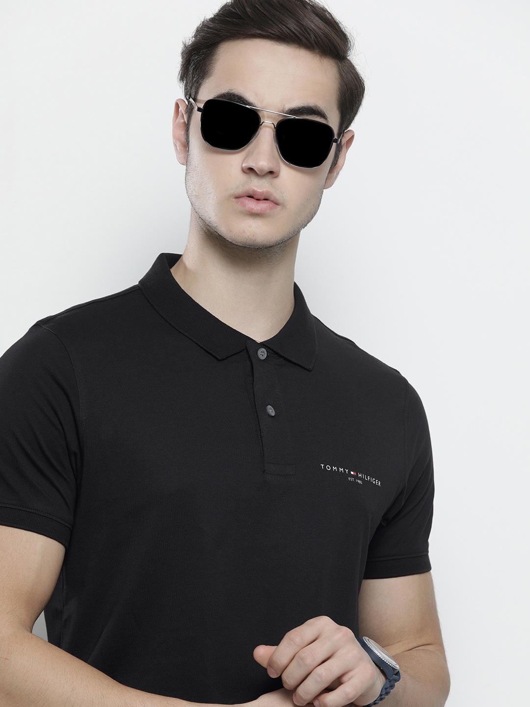 

Tommy Hilfiger Men Black Polo Collar Pure Cotton Slim Fit T-shirt