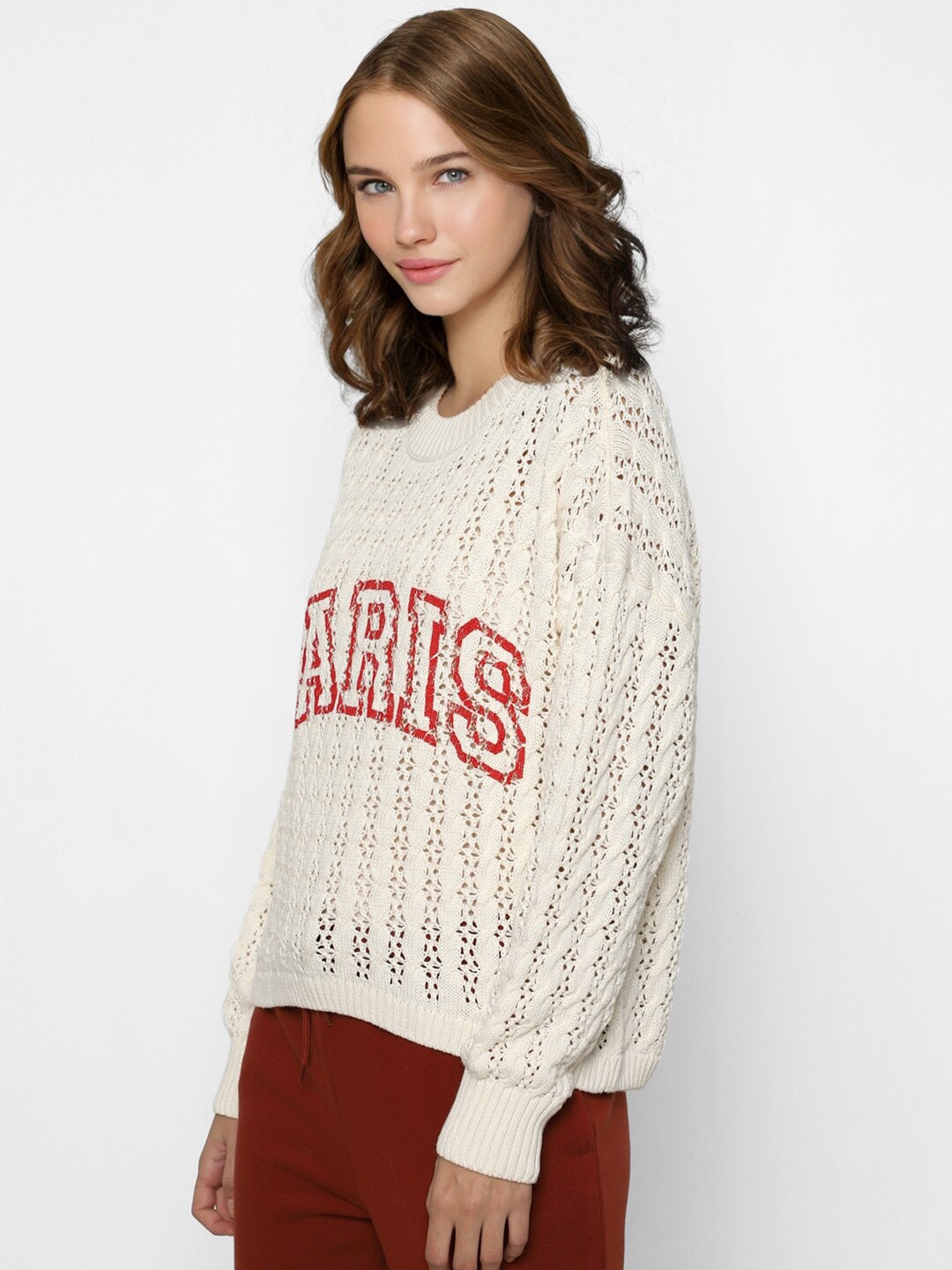 

ONLY Women Off White & Red Printed Acrylic Pullover