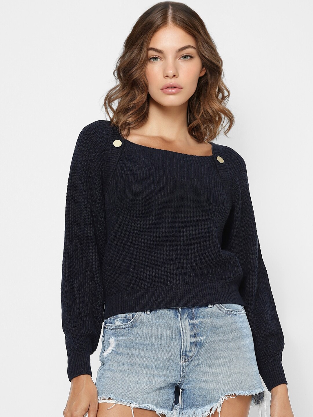 

ONLY Women Navy Blue Ribbed Pullover