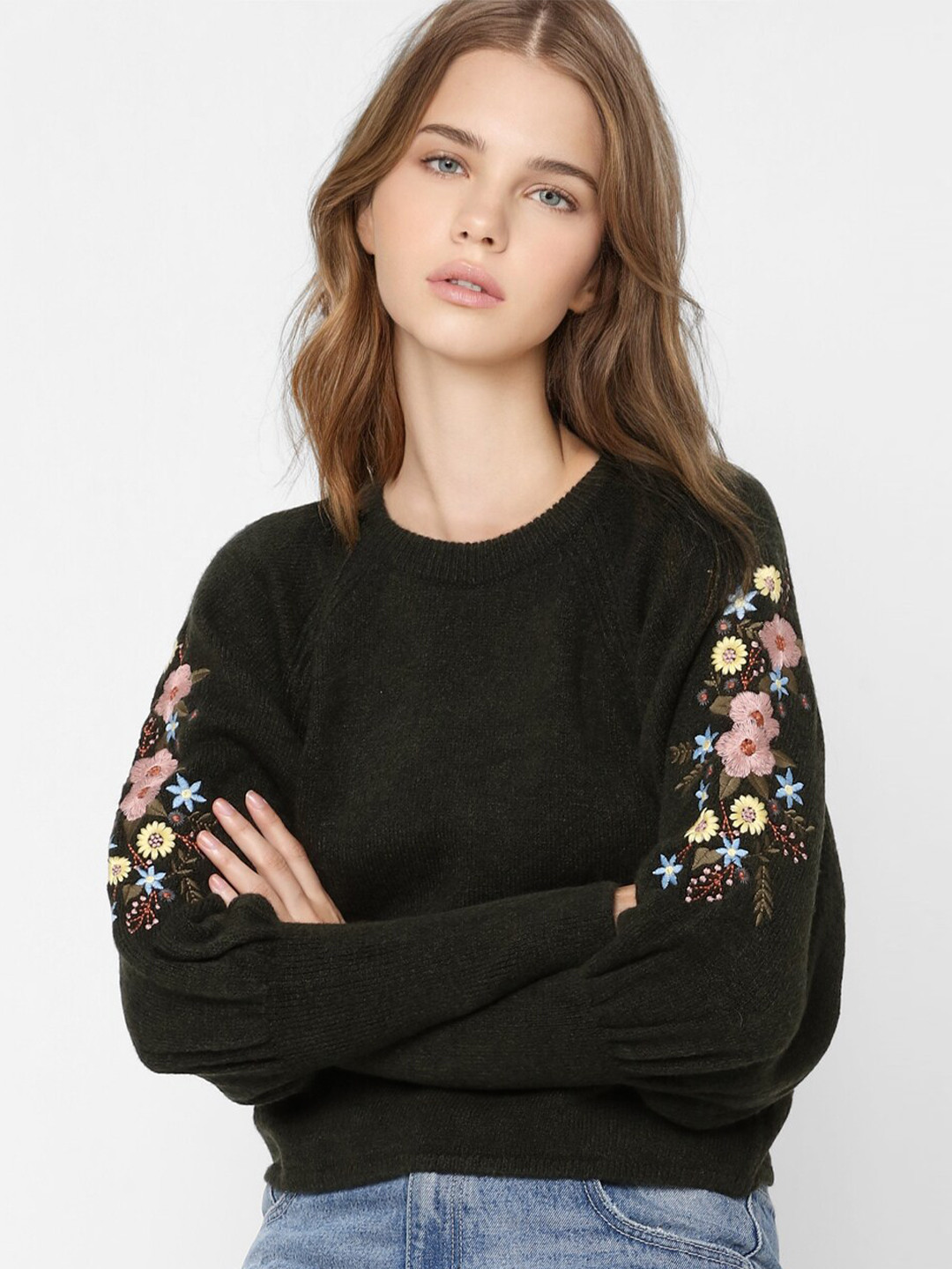 

ONLY Women Black Acrylic Pullover with Embroidered Detail