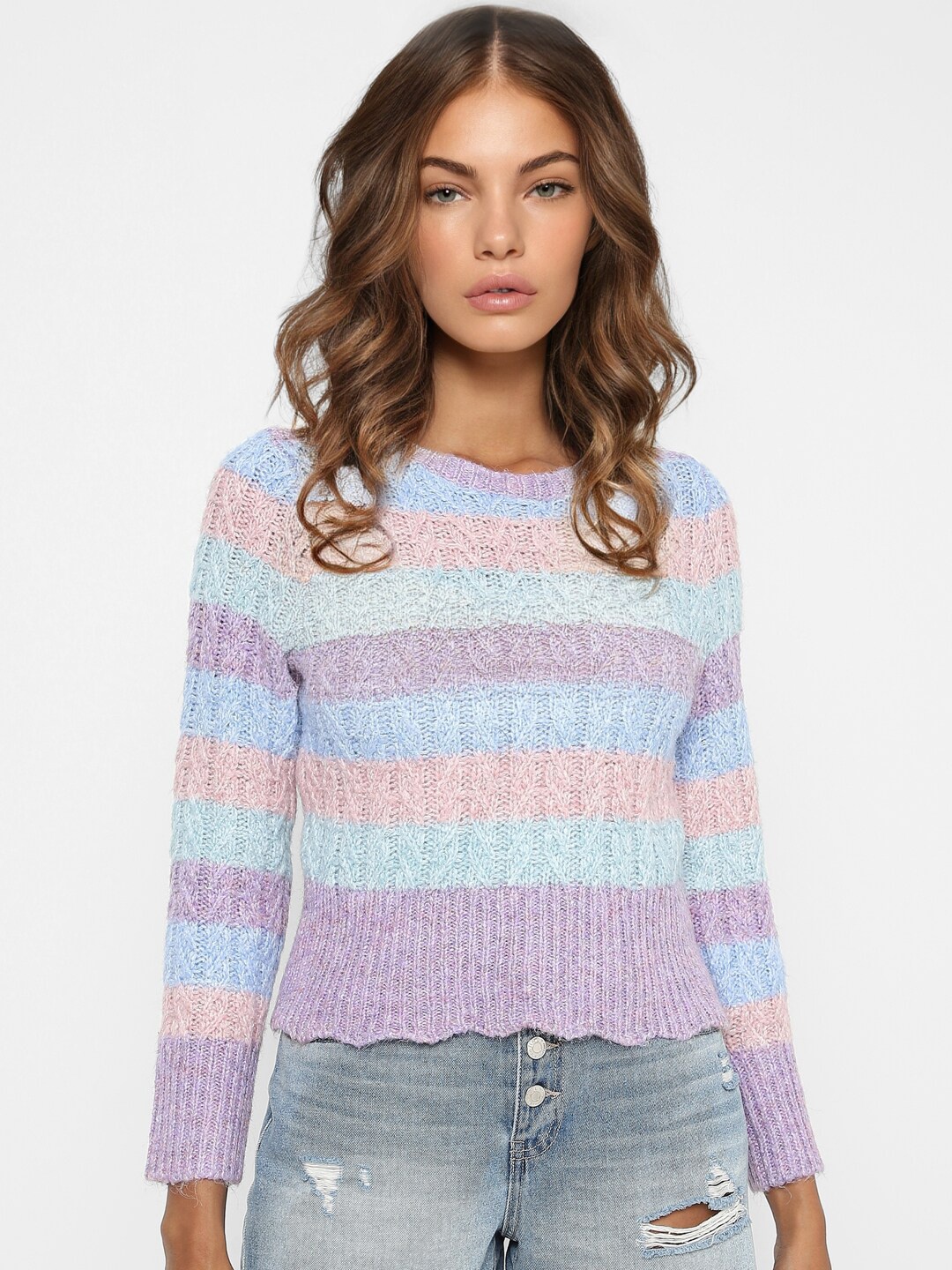 

ONLY Women Blue & Purple Cable Knit Colourblocked Pullover