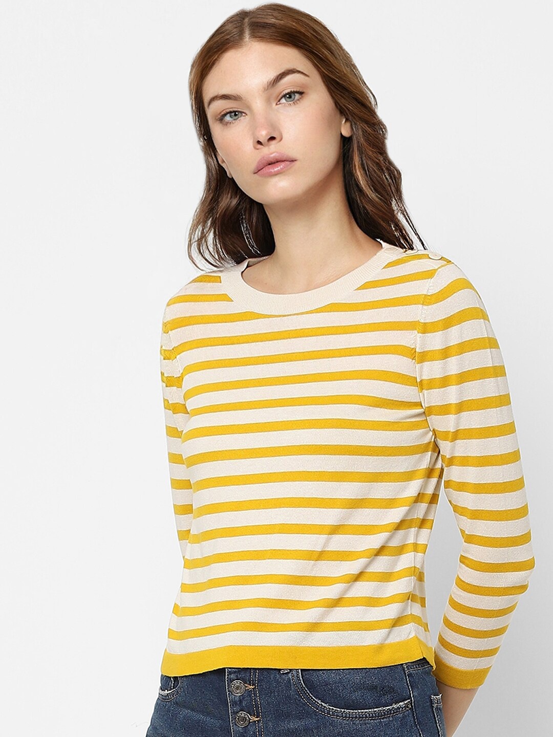 

ONLY Women Yellow & White Striped Crop Pullover