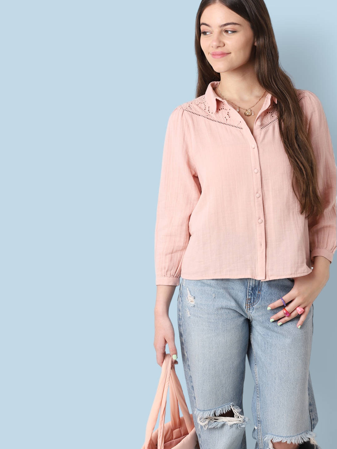 

ONLY Women Pink Self Design Casual Shirt