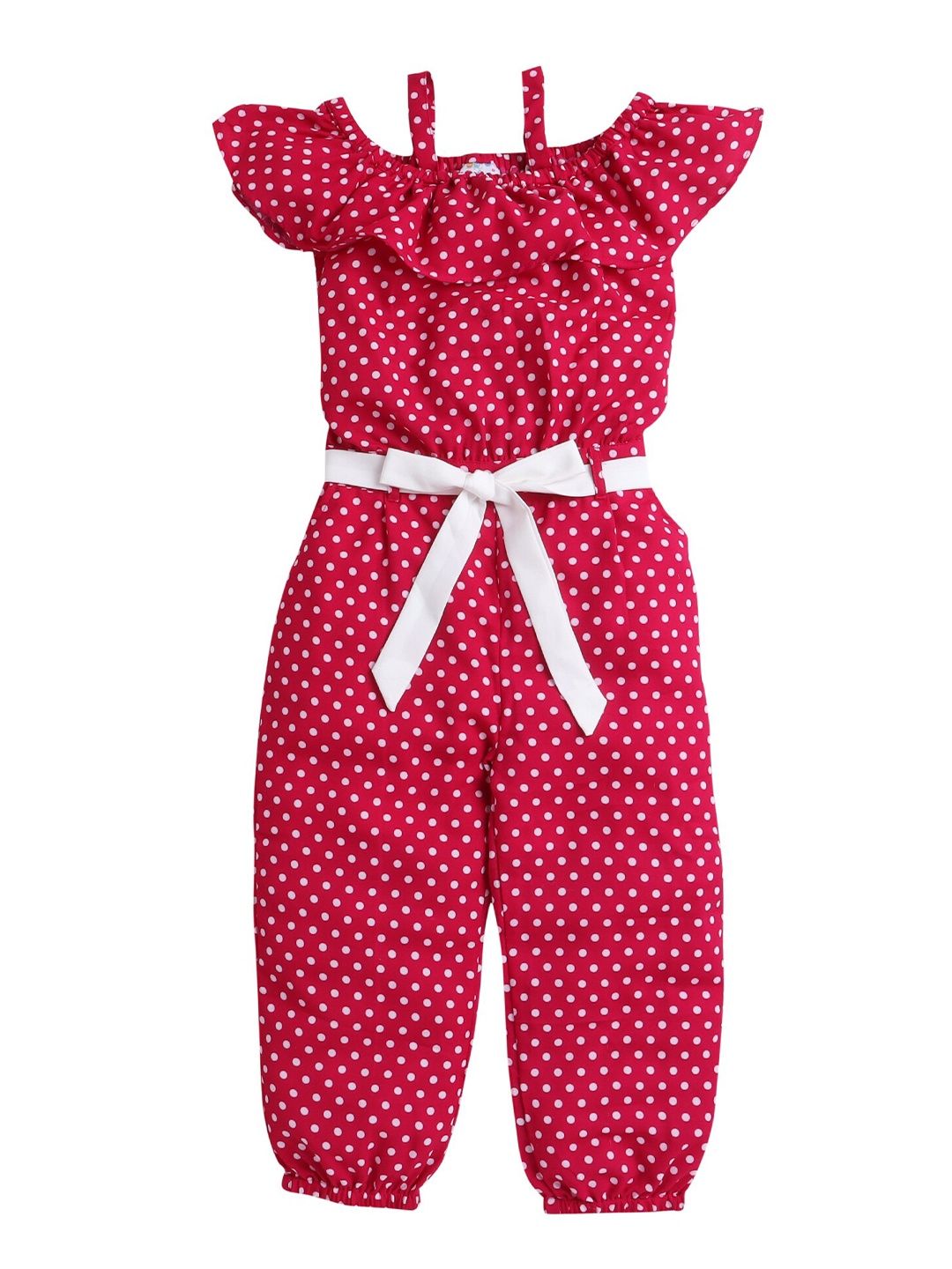 

Hopscotch Girls Magenta & White Off-Shoulder Printed Basic Jumpsuit