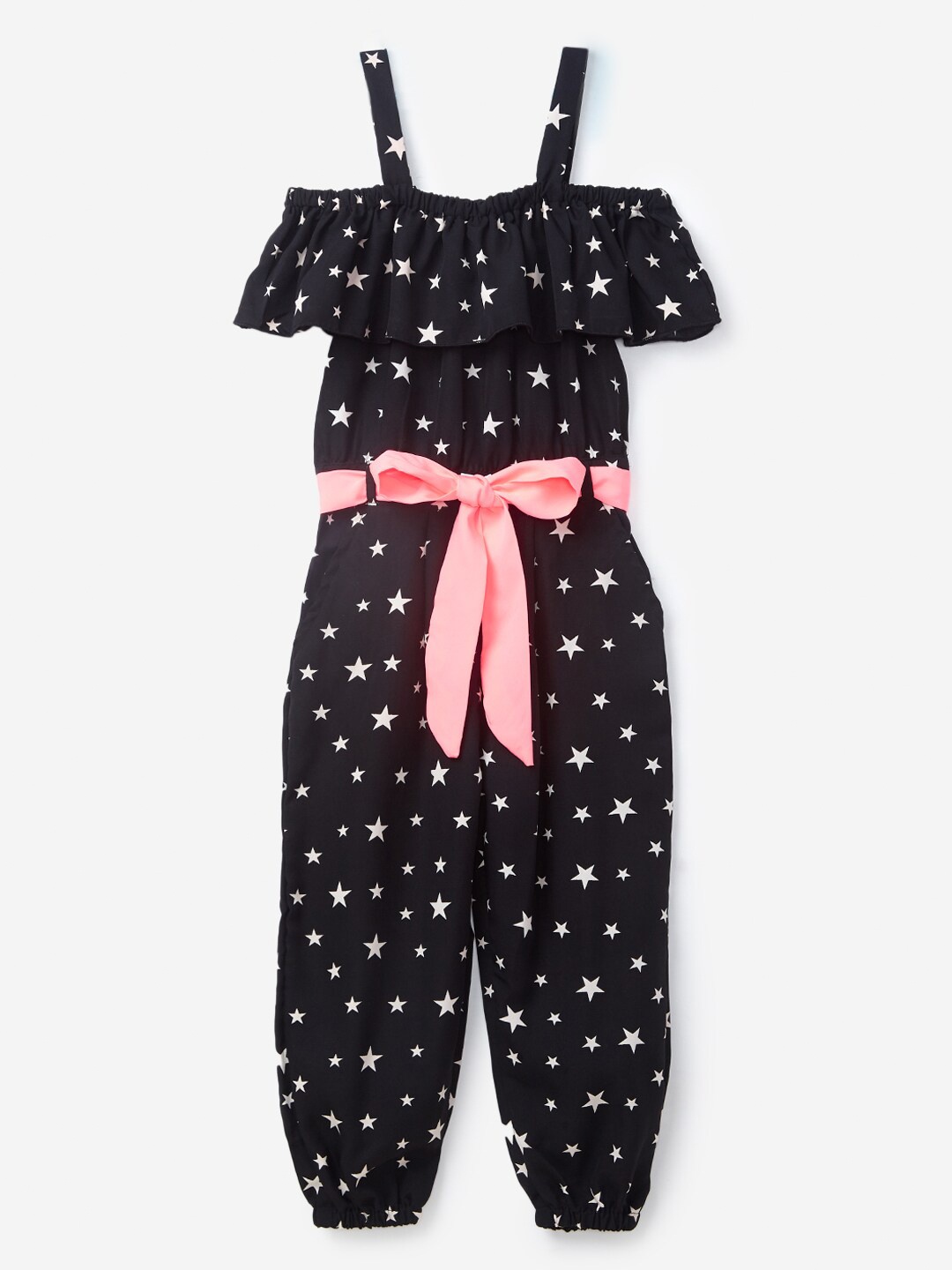 

Hopscotch Girls Black & White Off-Shoulder Printed Basic Jumpsuit