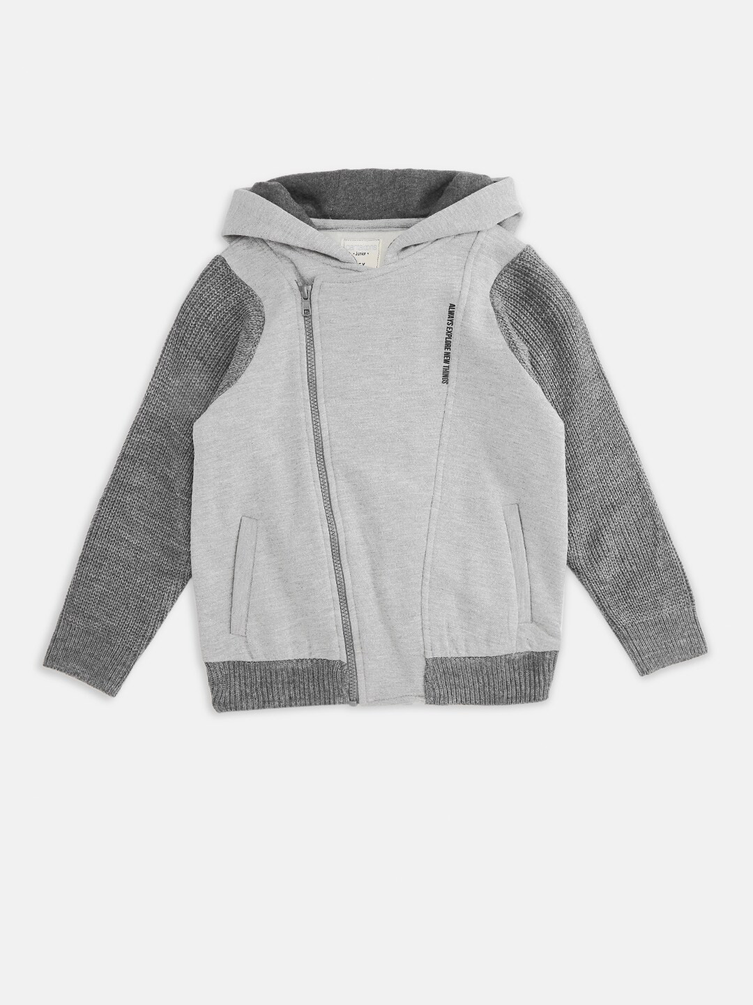

Pantaloons Junior Boys Grey Melange Colourblocked Hooded Pullover