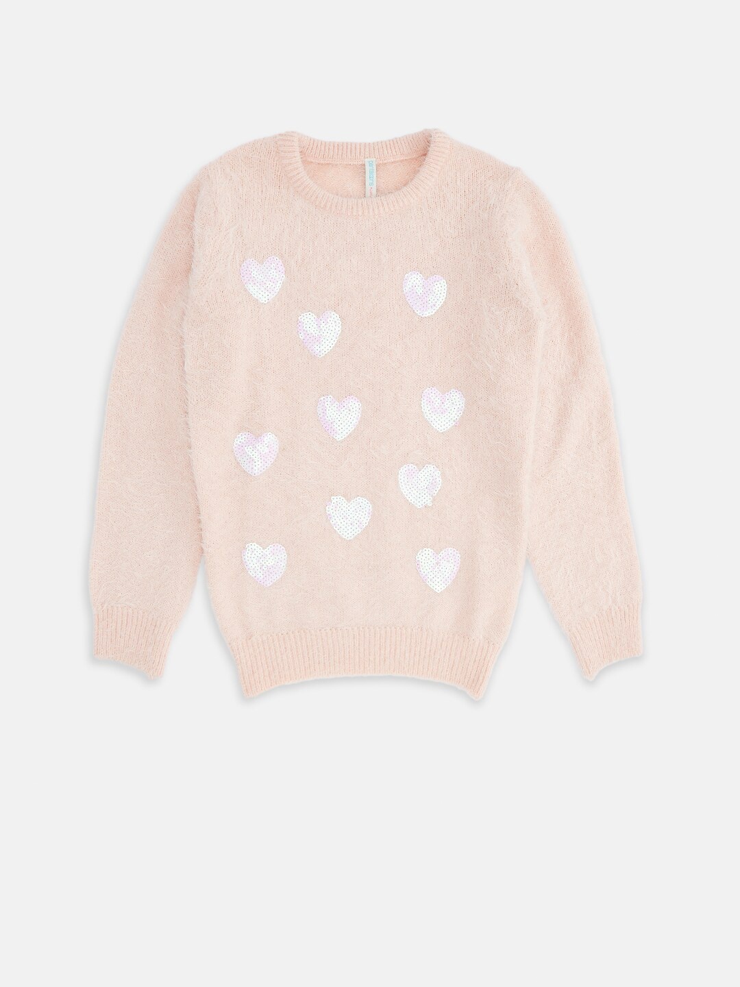 

Pantaloons Junior Girls Peach-Coloured & White Pullover with Fuzzy Detail
