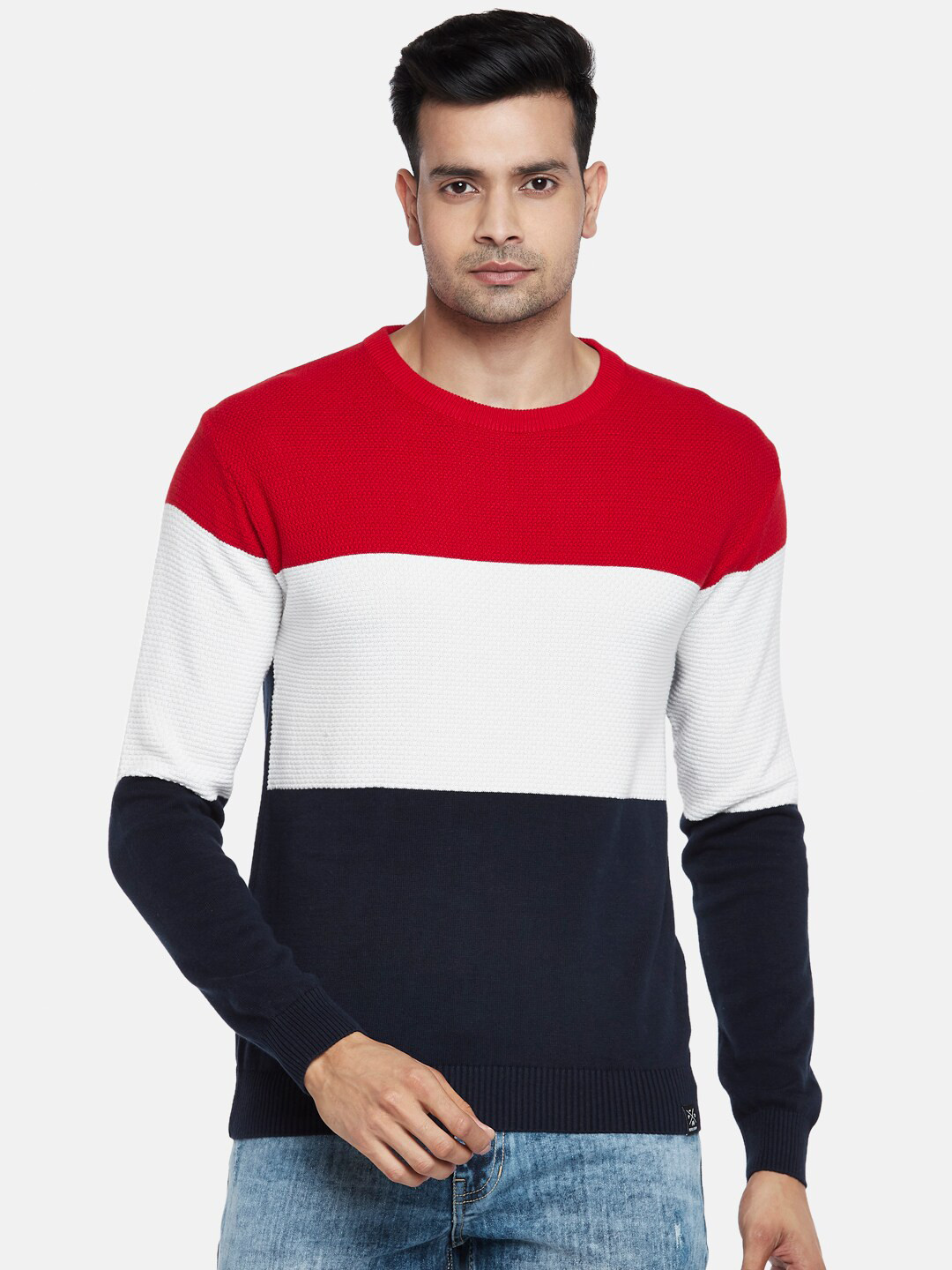 

People Men Red & White Colourblocked Pullover