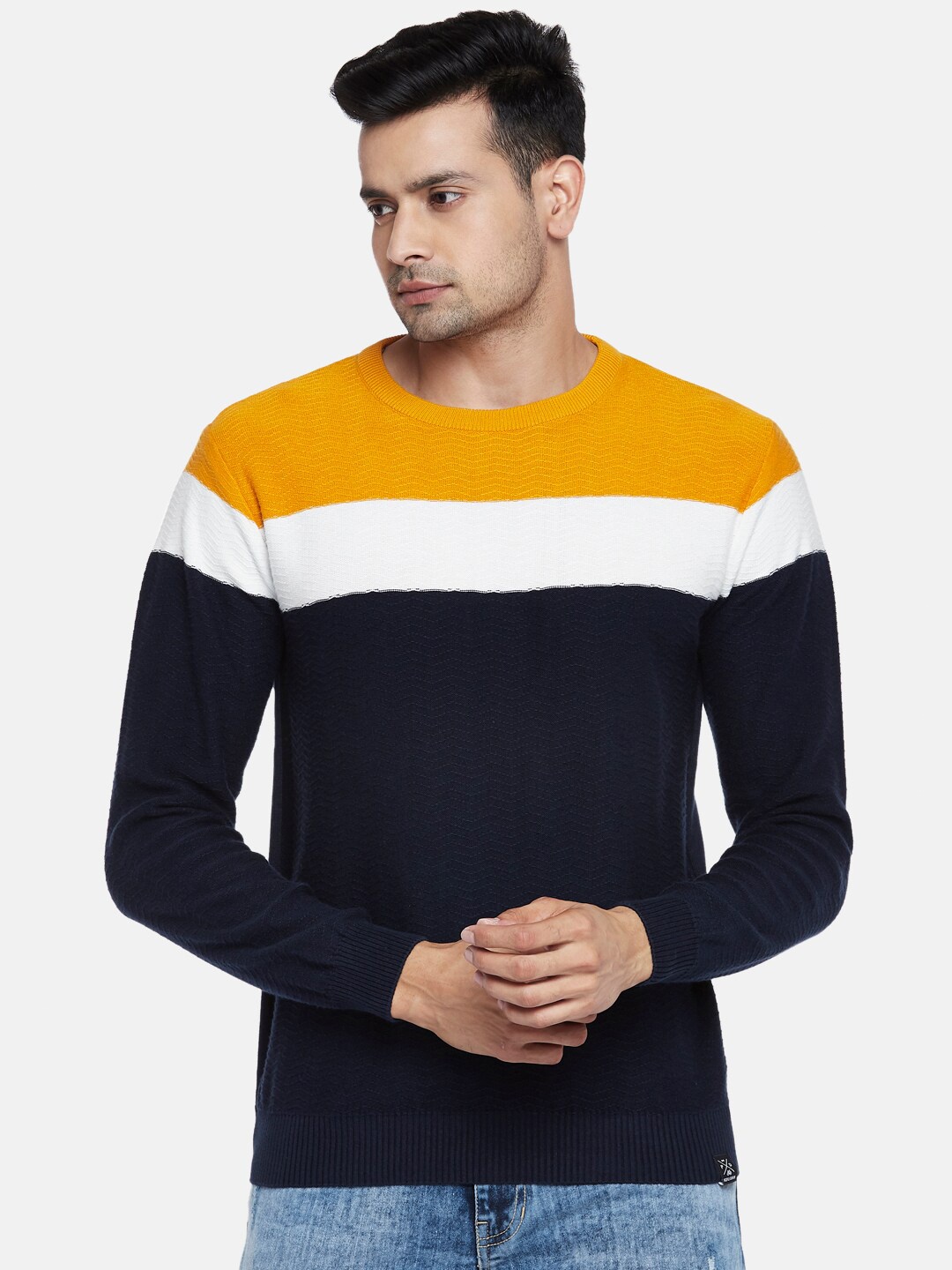

People Men Mustard & Navy Blue Colourblocked Pullover