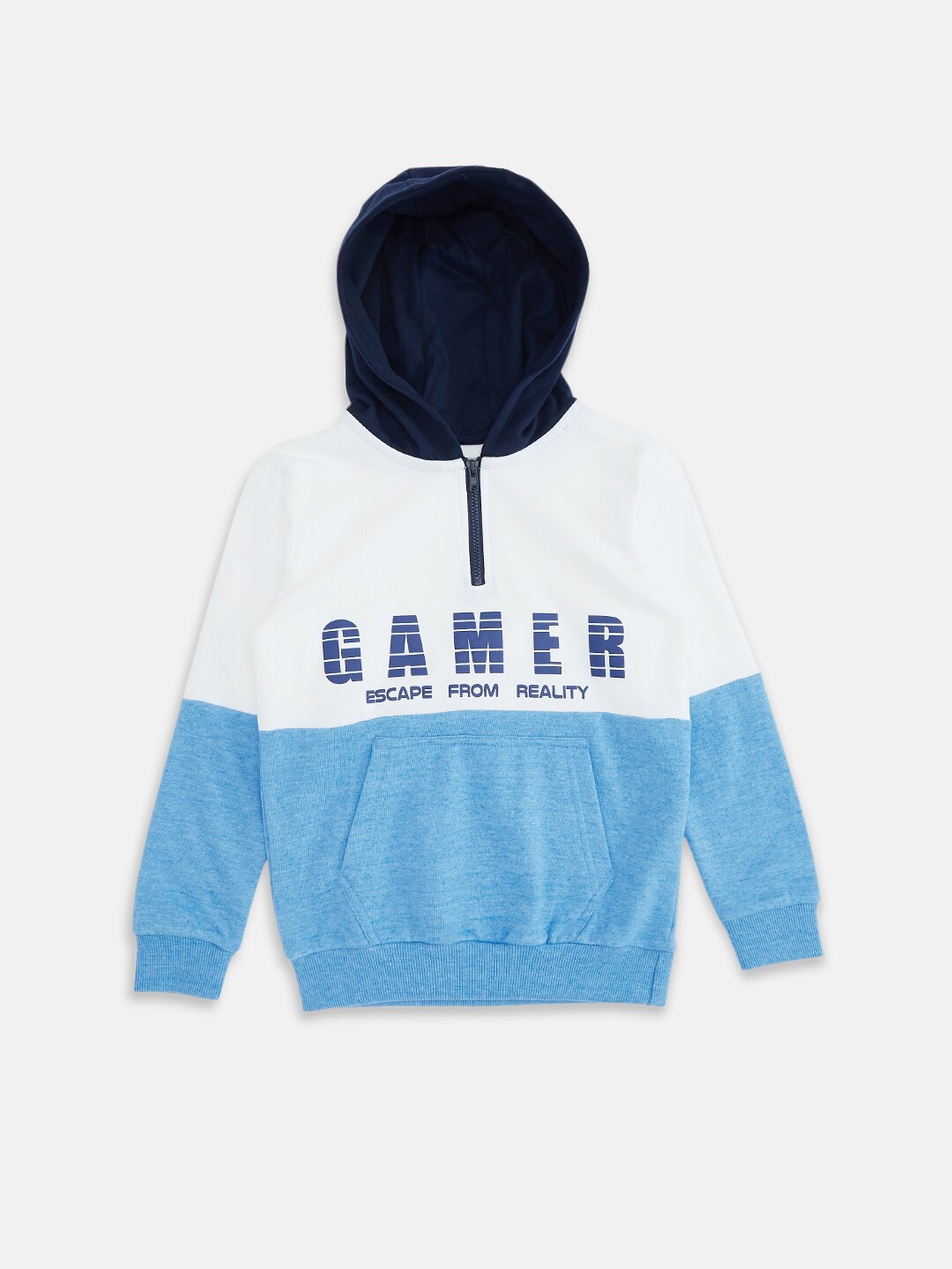 

Pantaloons Junior Boys White & Blue Colourblocked Pure Cotton Hooded Sweatshirt
