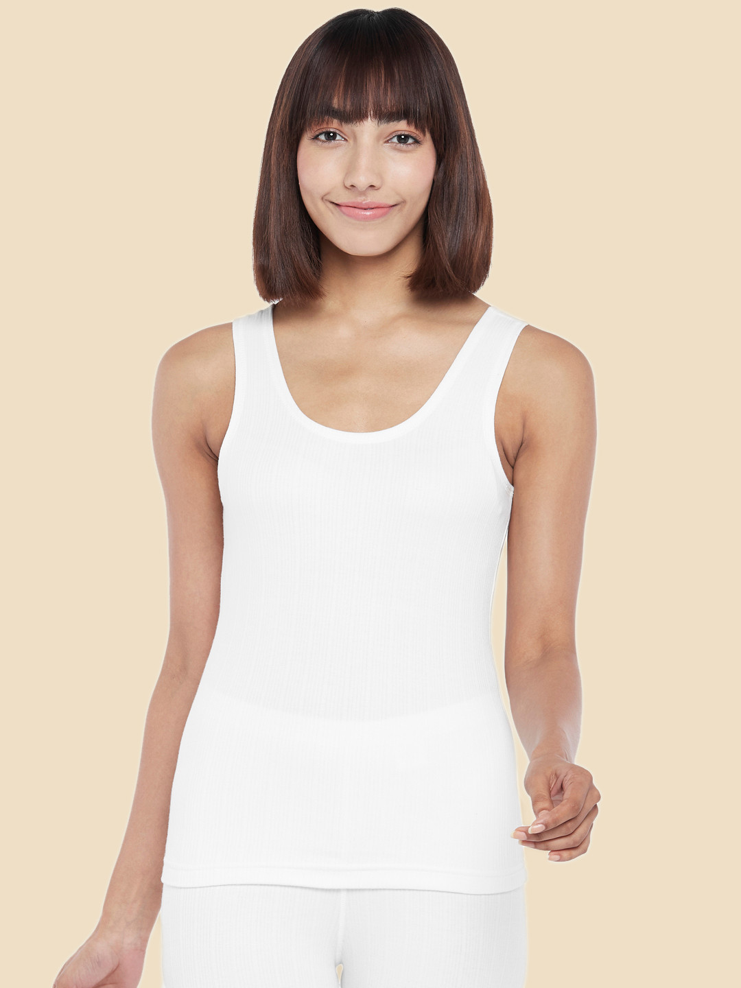 

Dreamz by Pantaloons Women Off White Solid Scoop Neck Tank Lounge tshirt