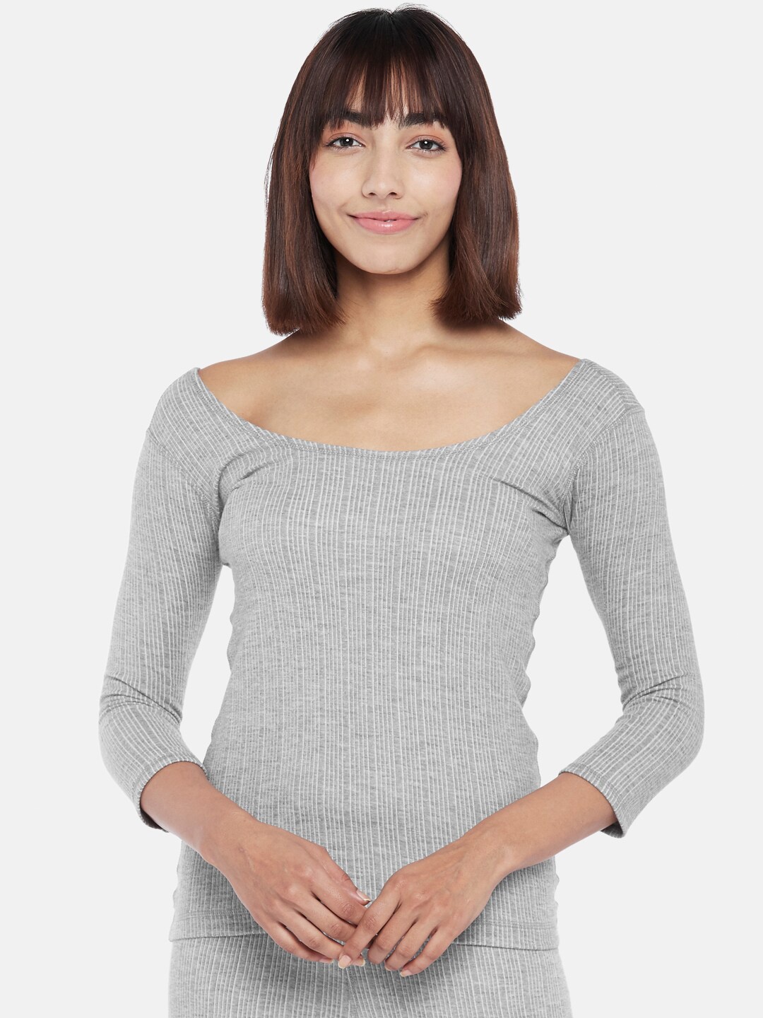 

Dreamz by Pantaloons Women Grey Striped Boat Neck Lounge T-shirt