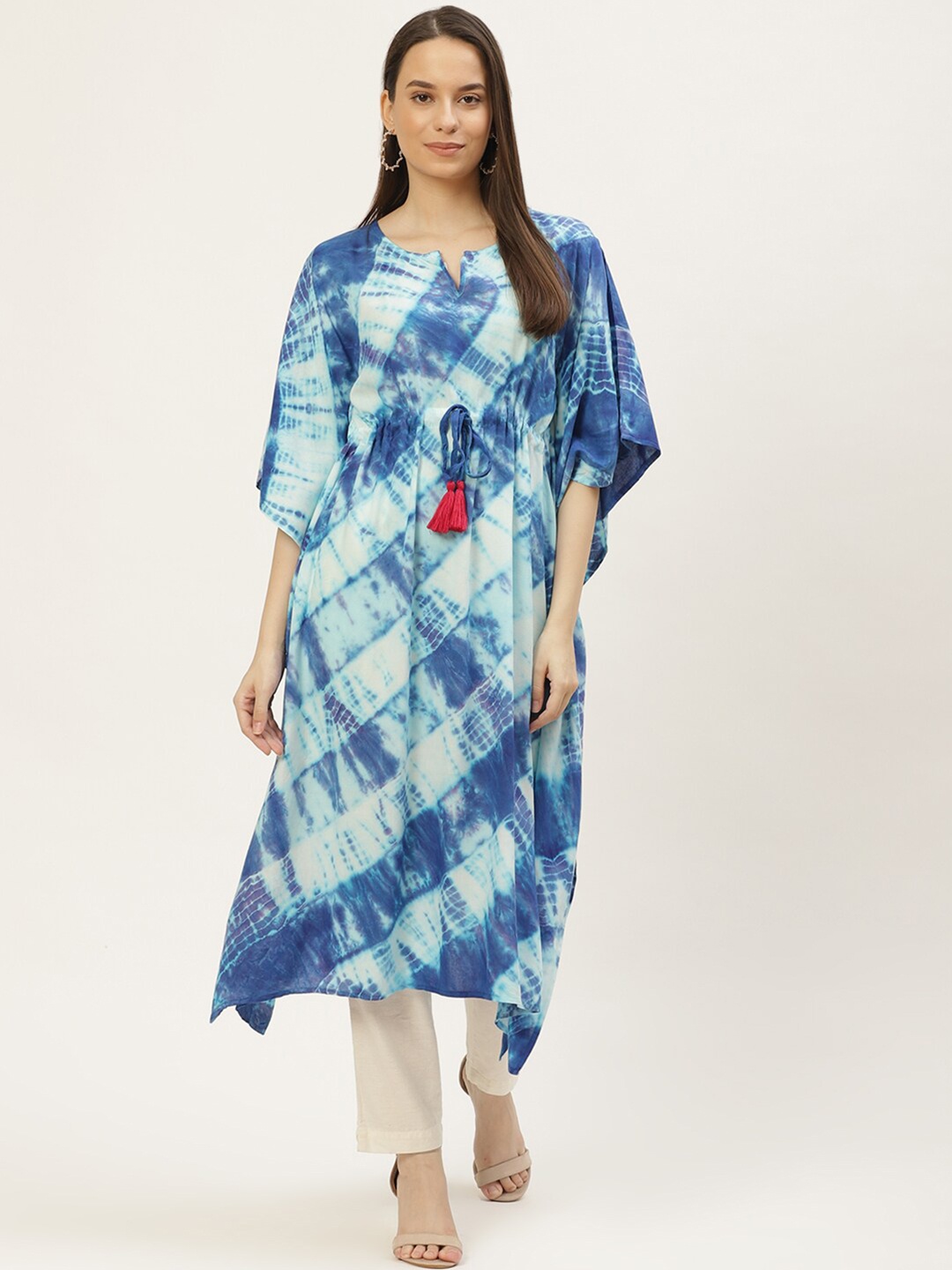 

Maaesa Women Blue & White Dyed Flared Sleeves Kaftan Kurta