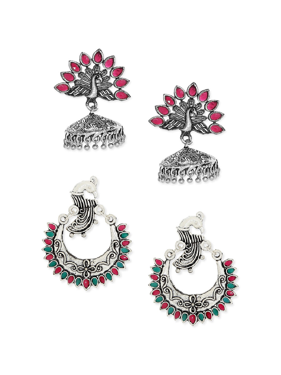 

OOMPH Set of 2 Silver-Toned Oxidised Peacock Shaped Drop Earrings