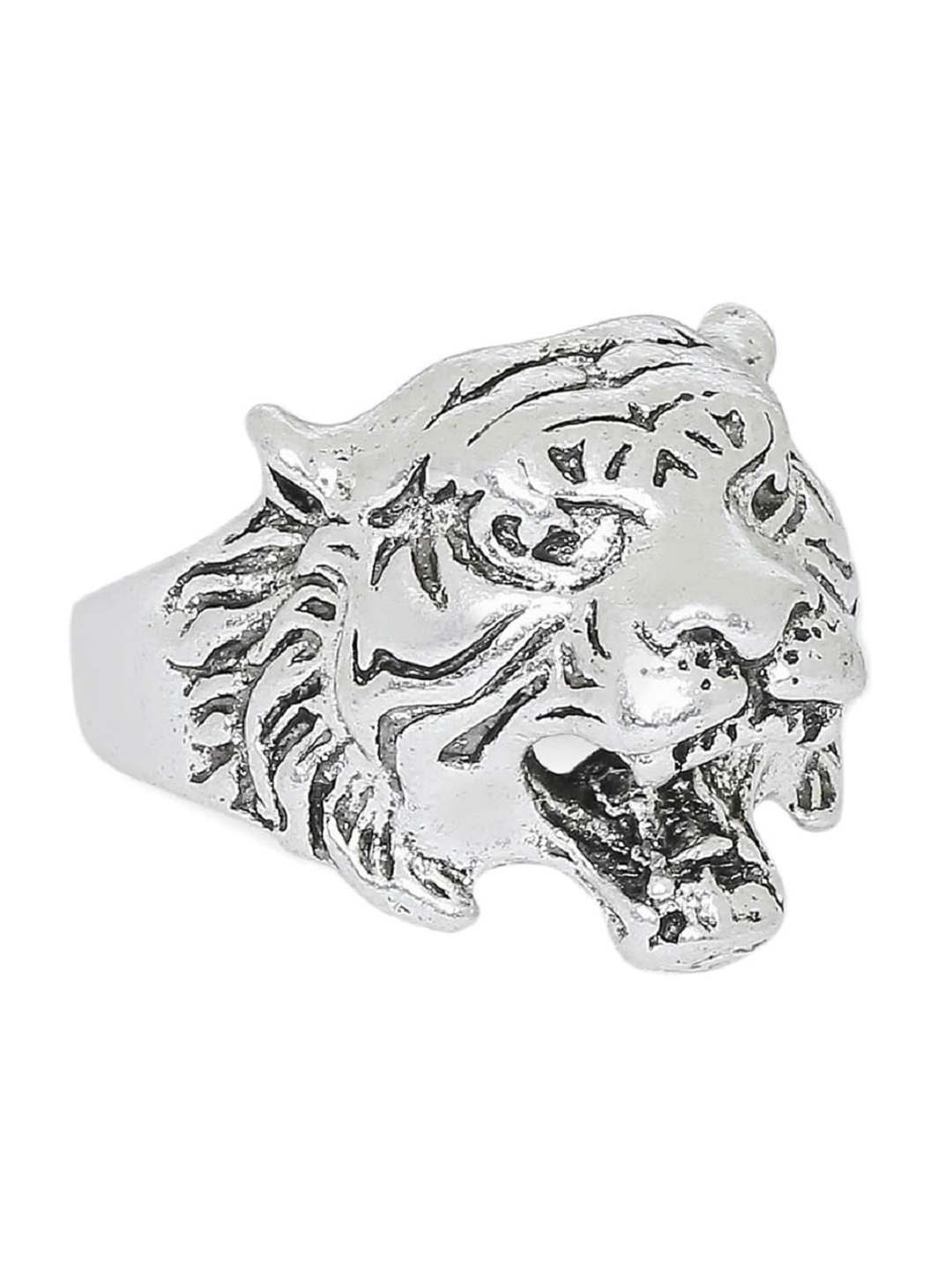 

OOMPH Men Silver-Toned Stainless Steel Vintage Tiger Biker Ring
