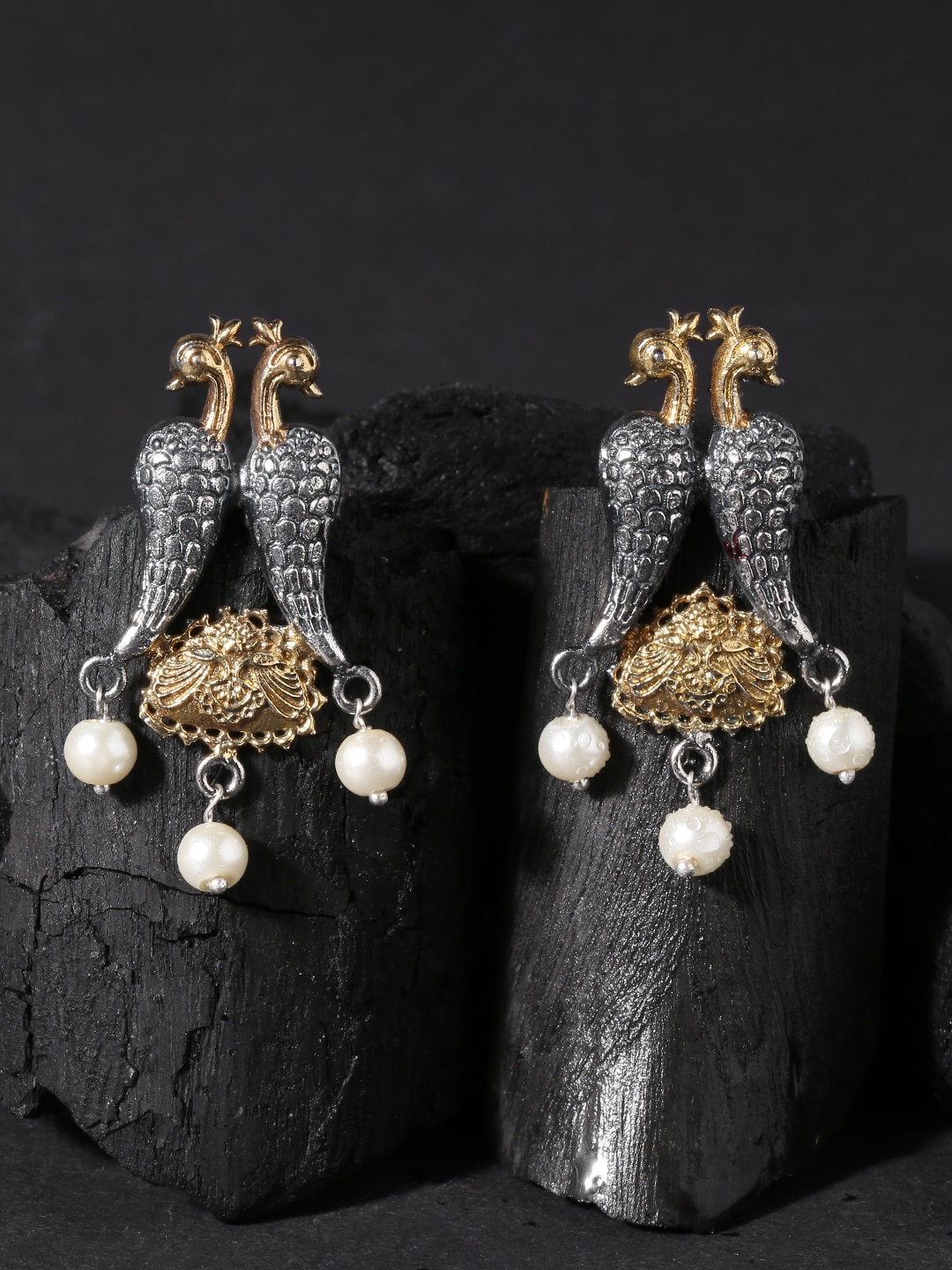 

OOMPH Silver-Toned Peacock Shaped Drop Earrings
