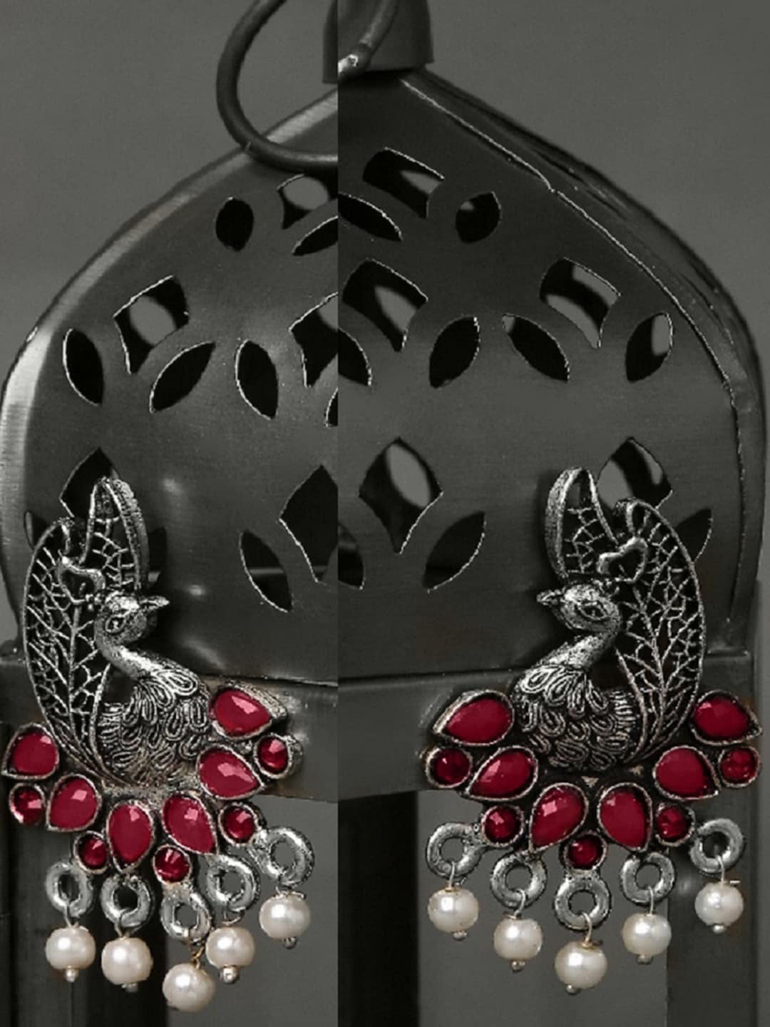 

OOMPH Silver-Toned Peacock Shaped Hoop Earrings