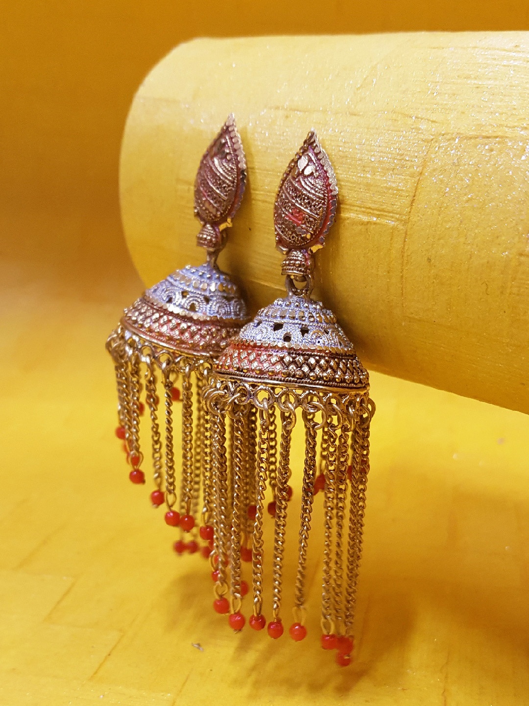 

OOMPH Orange & Gold-Toned Dome Shaped Jhumkas Earrings