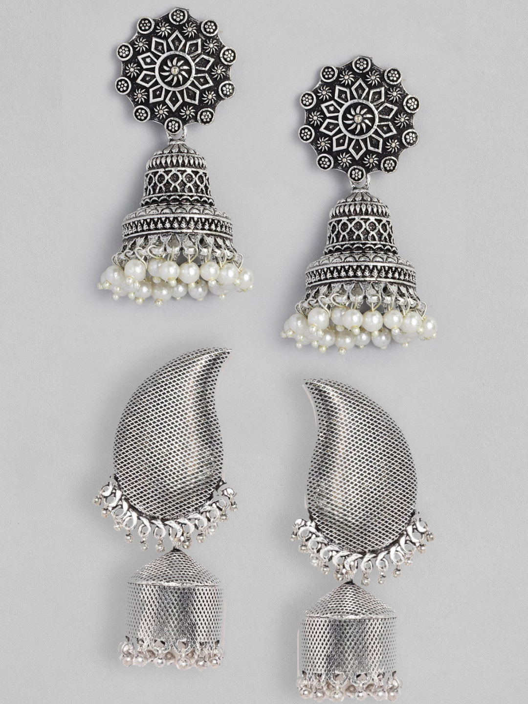 

OOMPH Silver-Toned Floral Jhumkas Earrings