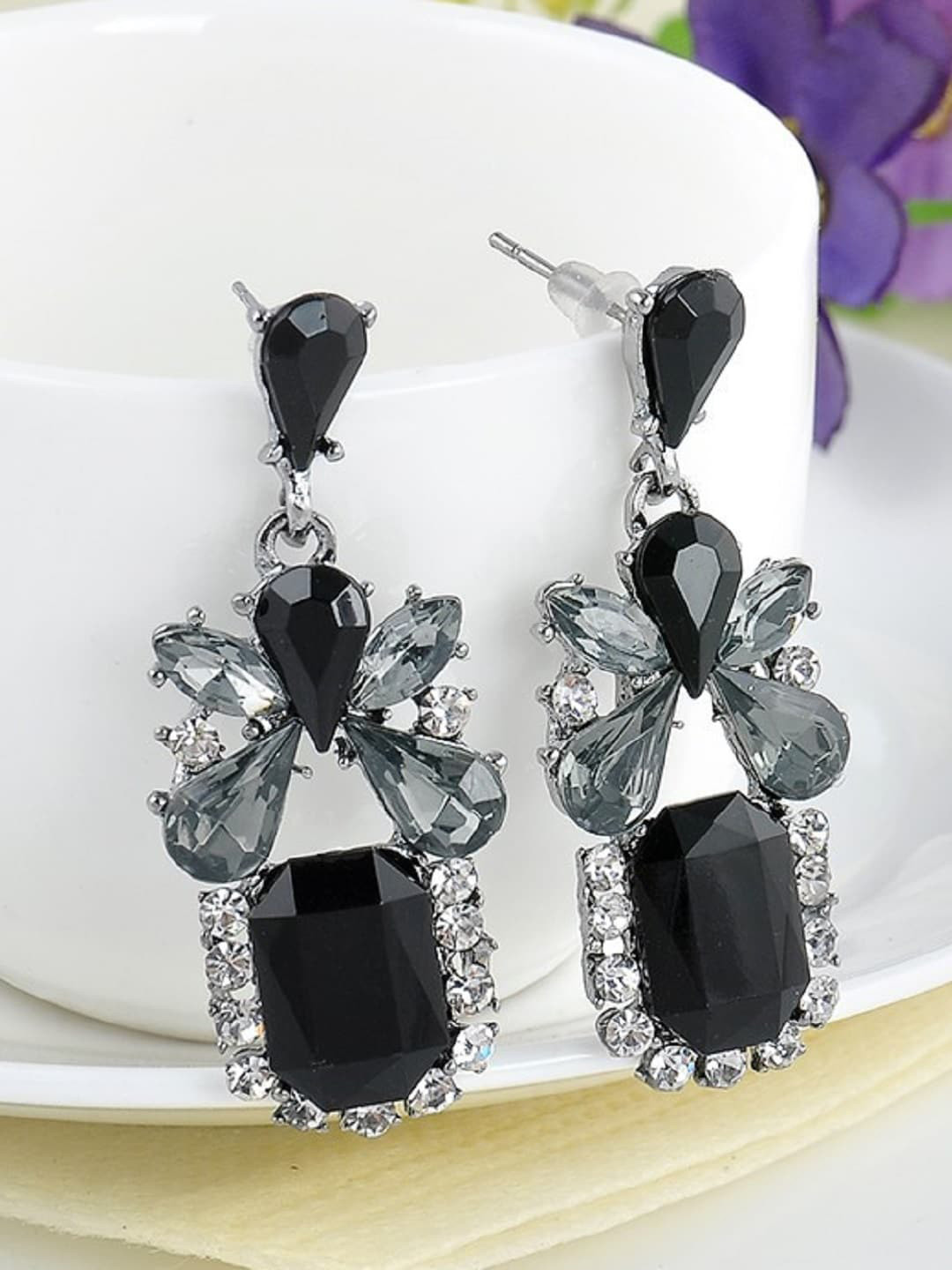 

OOMPH Black Crystal Studded Contemporary Drop Earrings