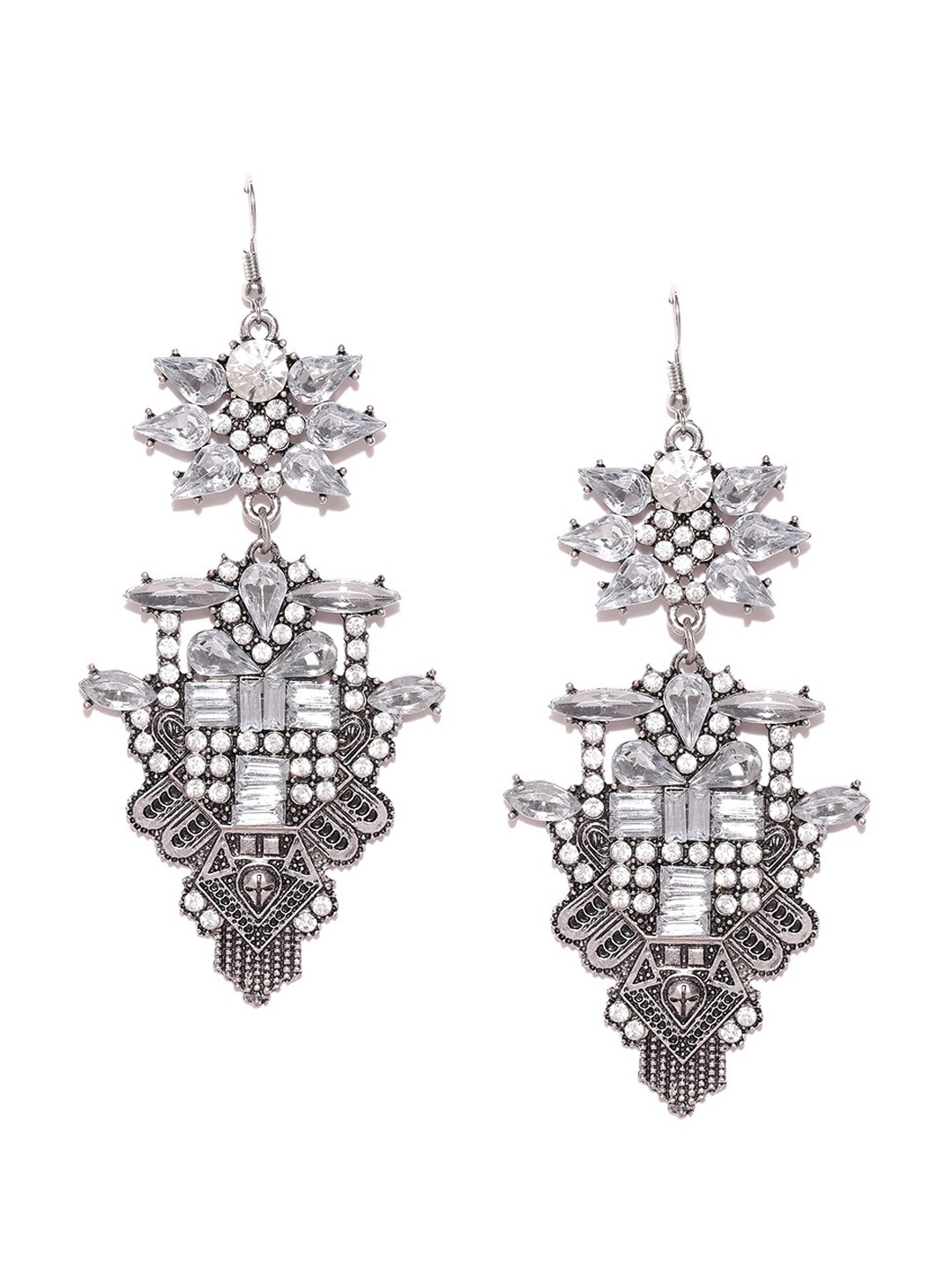 

OOMPH White & Silver-Toned Contemporary Drop Earrings