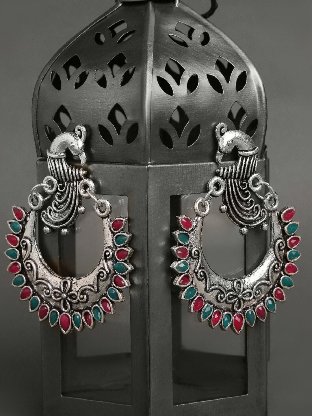 

OOMPH Silver-Plated & Red Peacock Shaped Chandbalis