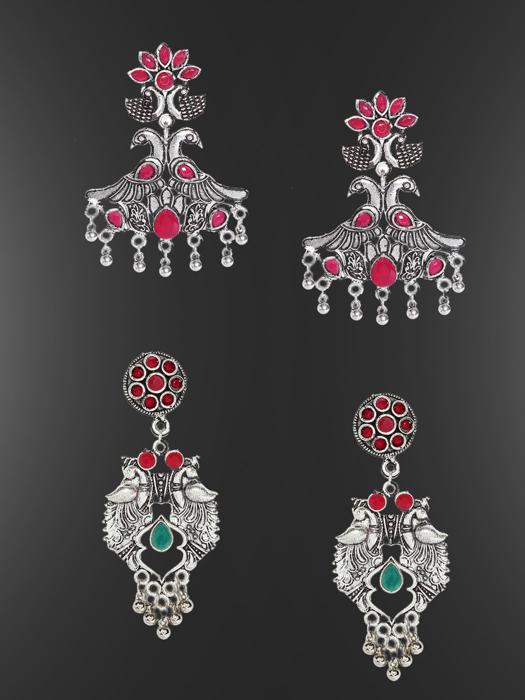 

OOMPH Set of 2 Silver-Plated & Pink Peacock Shaped Jhumkas