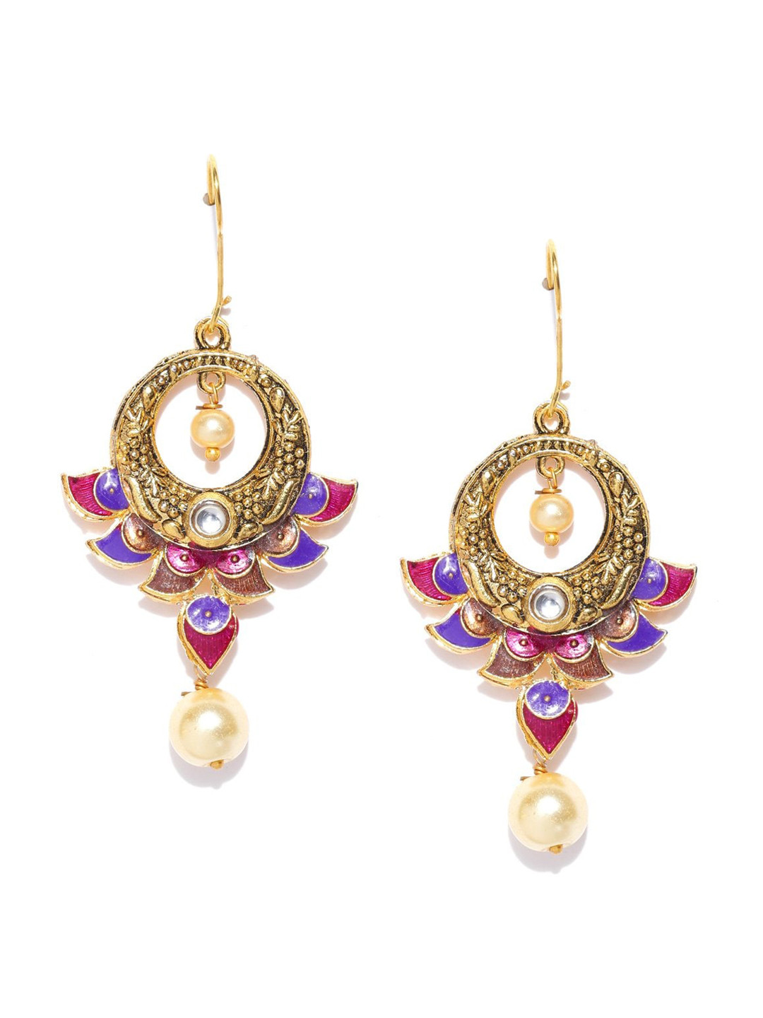 

PRITA BY PRIYAASI Purple & Pink Gold-Plated Kundan Meenakari Contemporary Drop Earrings
