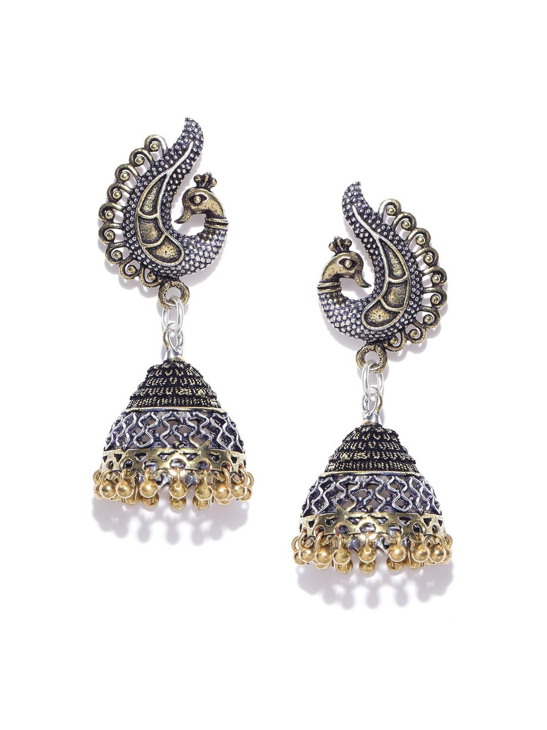 

PRITA BY PRIYAASI Silver-Plated & Gold-Toned Peacock Shaped Jhumkas Earrings