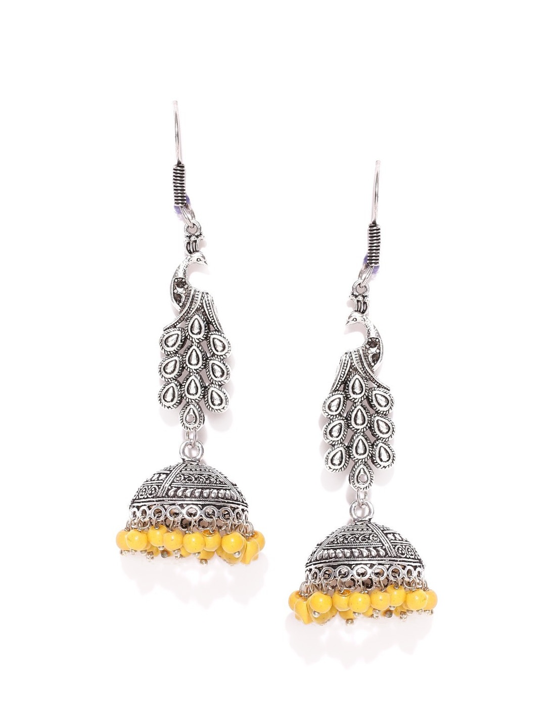 

PRITA BY PRIYAASI Silver-Plated & Yellow Peacock Shaped Jhumkas Earrings