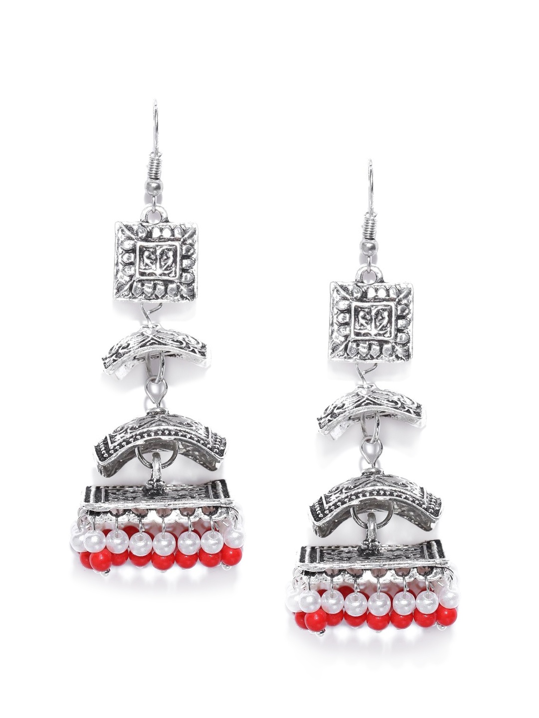 

PRITA BY PRIYAASI Red & White Contemporary Sterling Silver Jhumkas