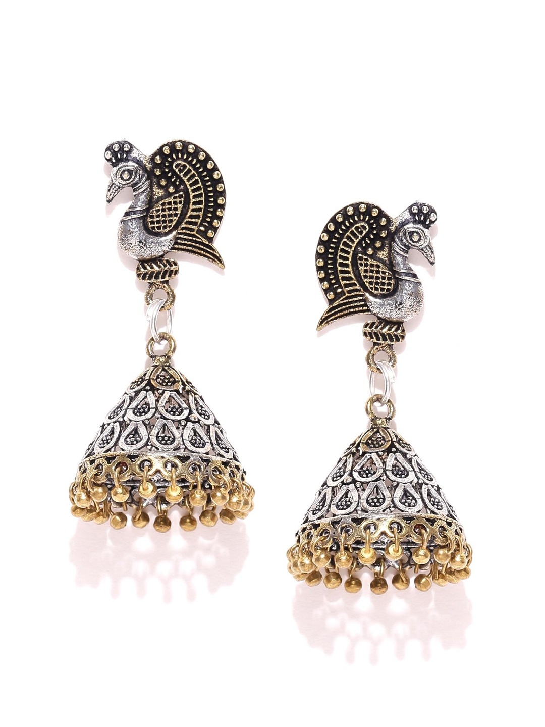 

PRITA BY PRIYAASI Silver-Toned Peacock Shaped Jhumkas Earrings