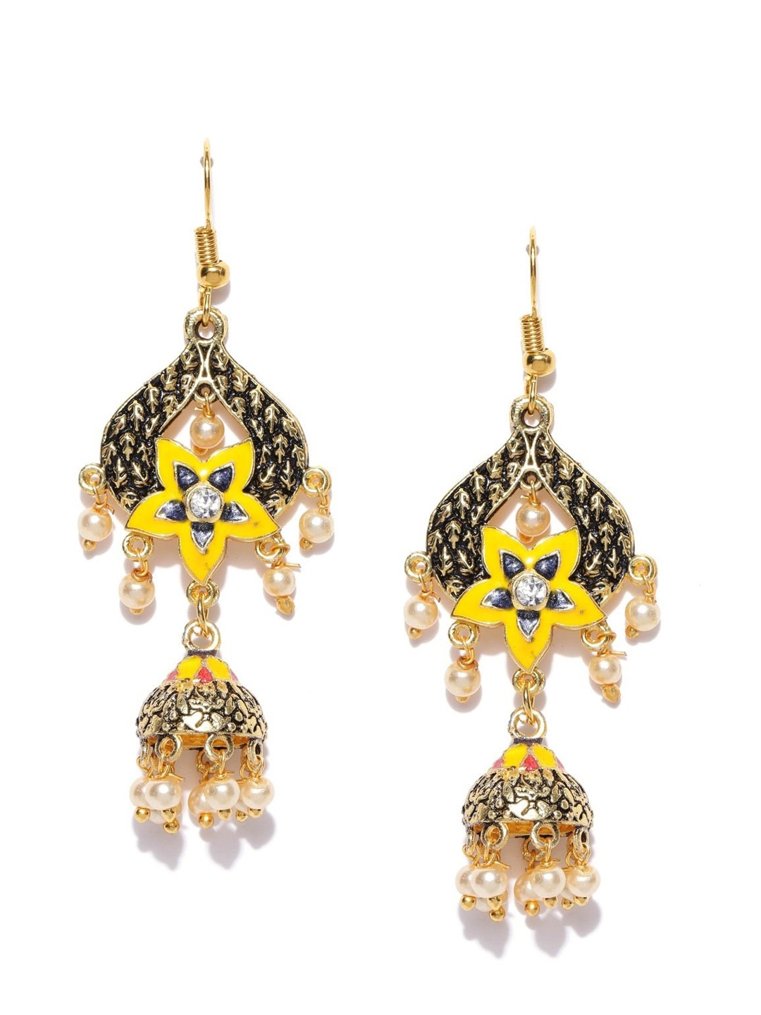 

PRITA BY PRIYAASI Yellow & Gold-Toned Floral Jhumkas Earrings