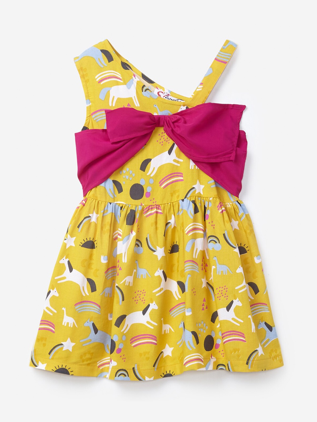 

Hopscotch Girls Yellow & Pink Printed One Shoulder Fit & Flare Dress