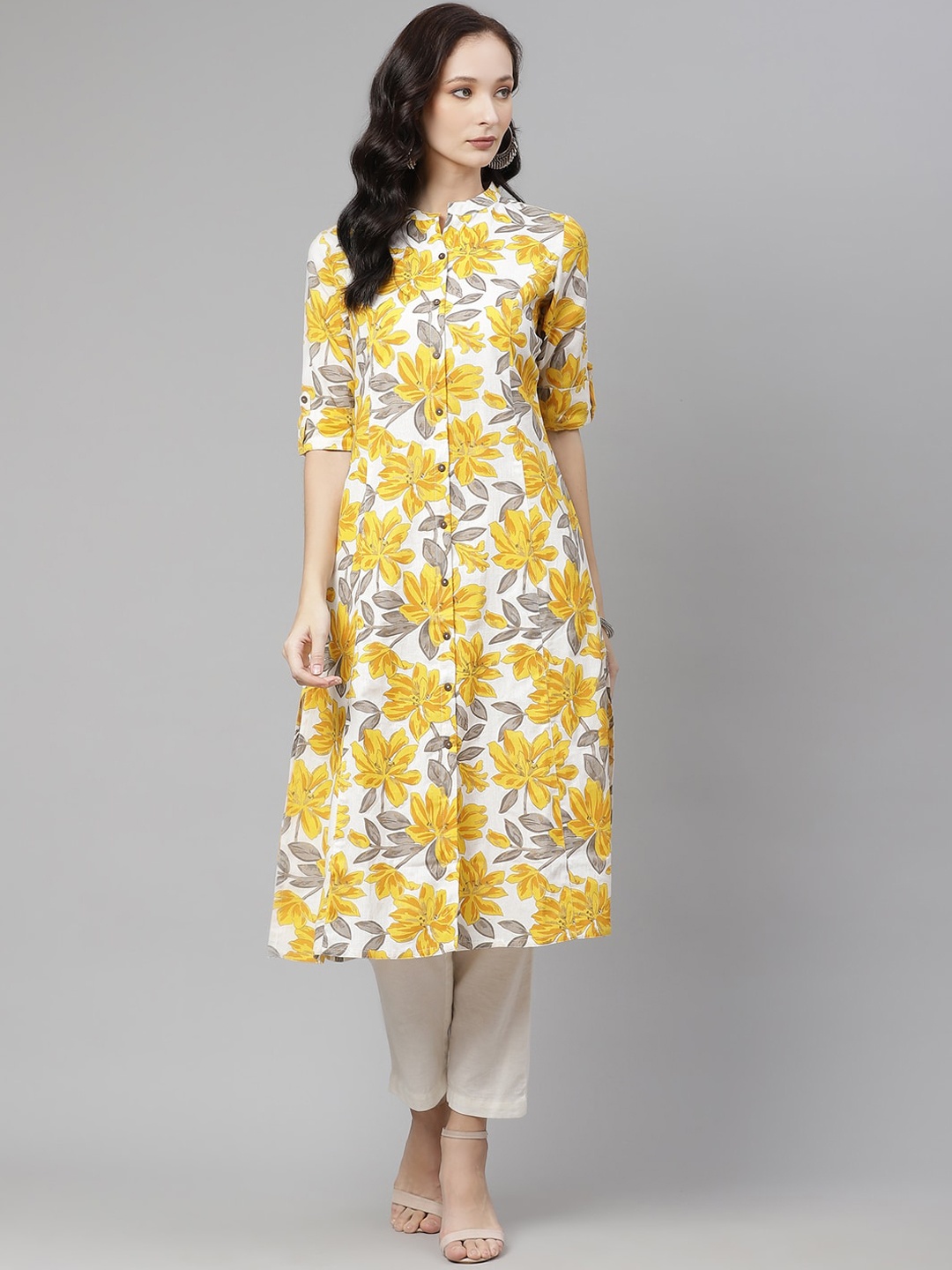 Divena Women White & Yellow Floral Printed Kurta