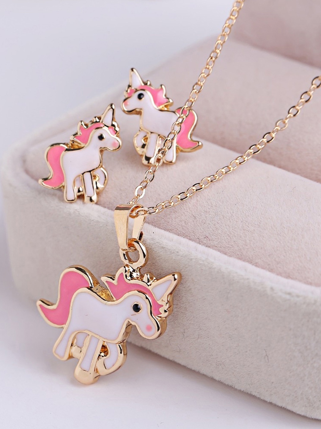 

Yellow Chimes Baby Unicorn Small Pendant Set Necklace with Stud Earrings, Pink