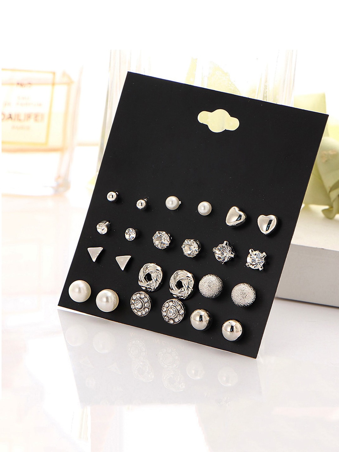 

Yellow Chimes Silver-Toned Combo of 12 Pairs Contemporary Studs Earrings