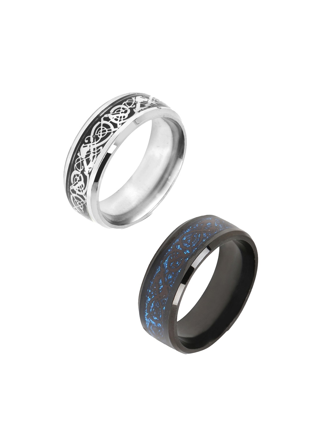 

Yellow Chimes Men Set of 2 Black & Silver-Toned Dragon Celtic Inlay Polish Titanium Steel Finger Rings