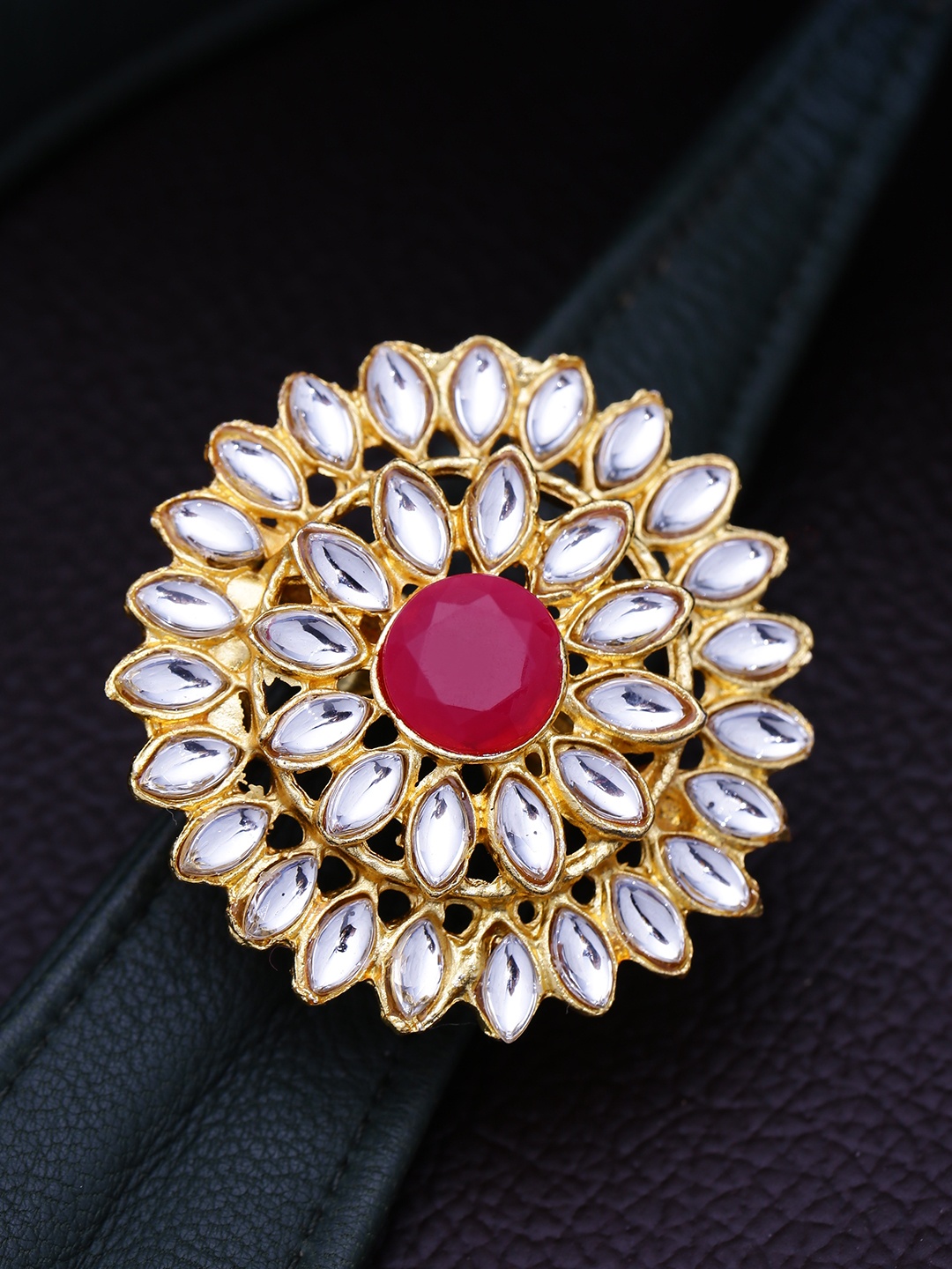 

Yellow Chimes Women Gold-Plated & White Kundan Studded Finger Ring, Red