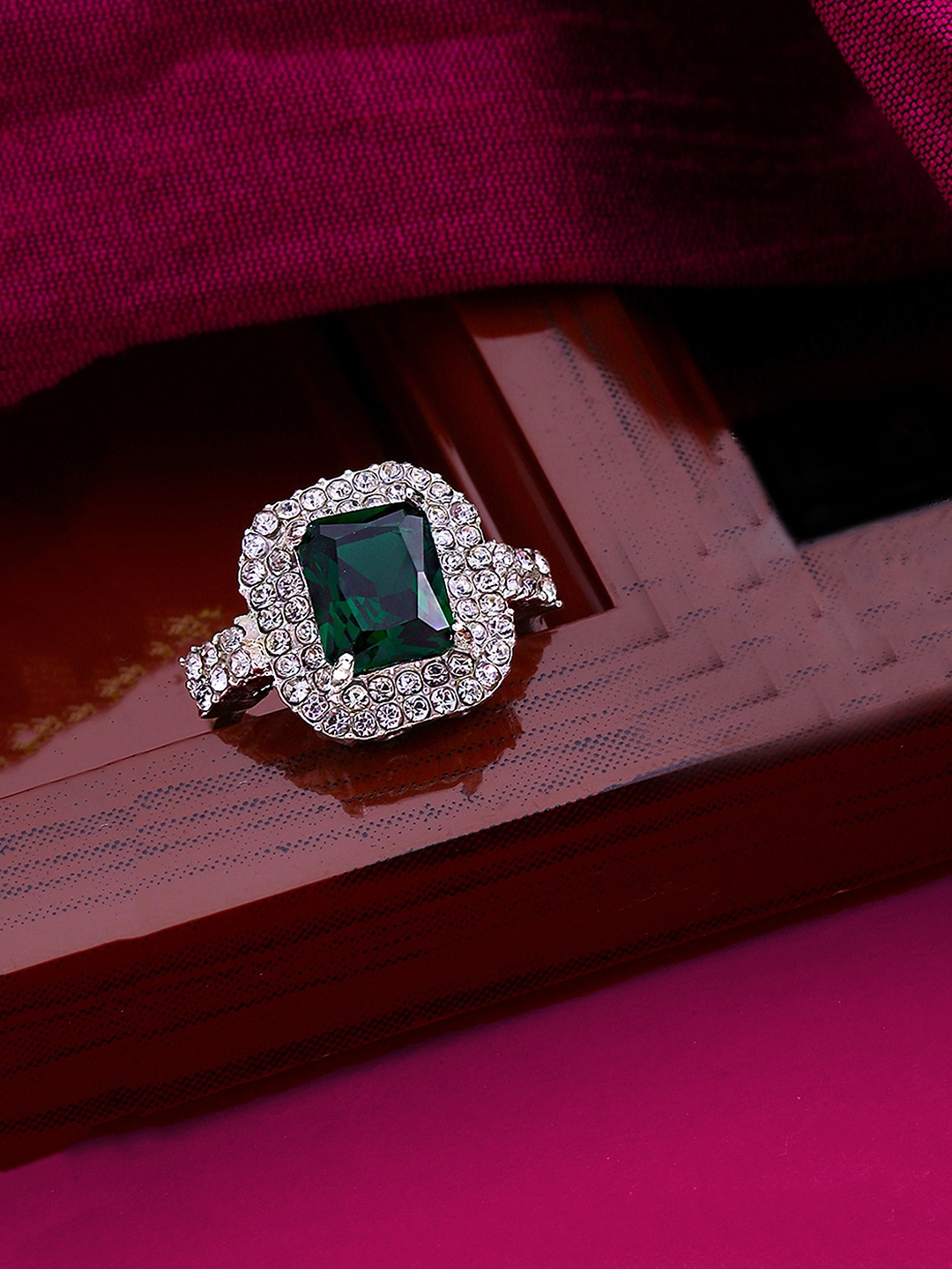 

Yellow Chimes Green And Silver Toned Emerald Crystal Ring