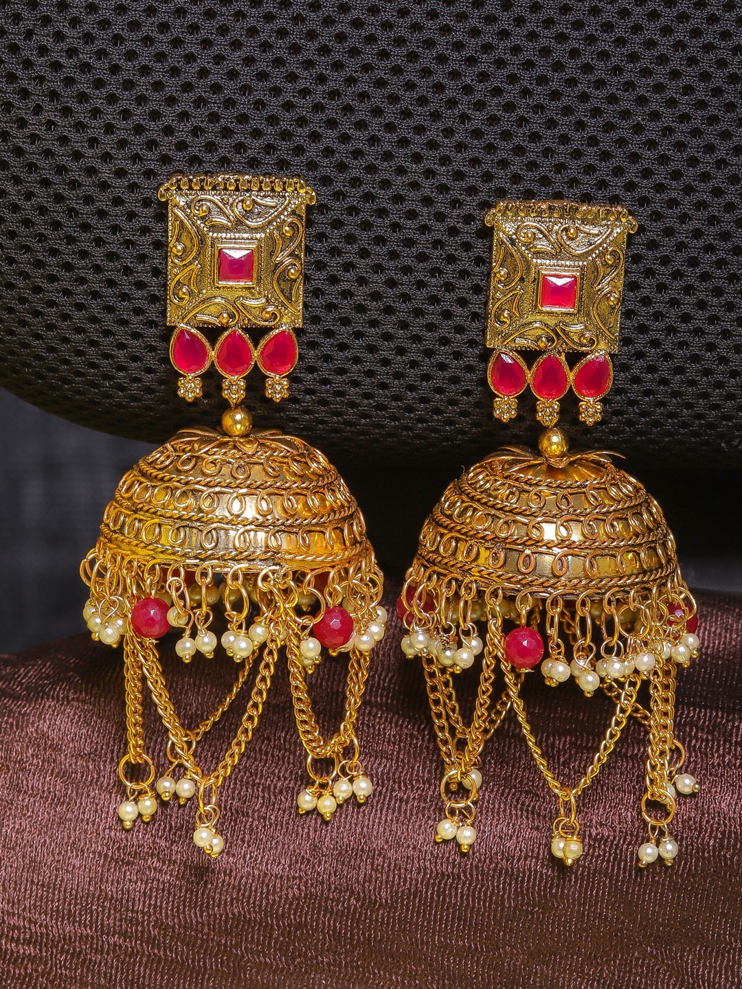 

DIVA WALK Gold-Plated Red Contemporary Jhumkas